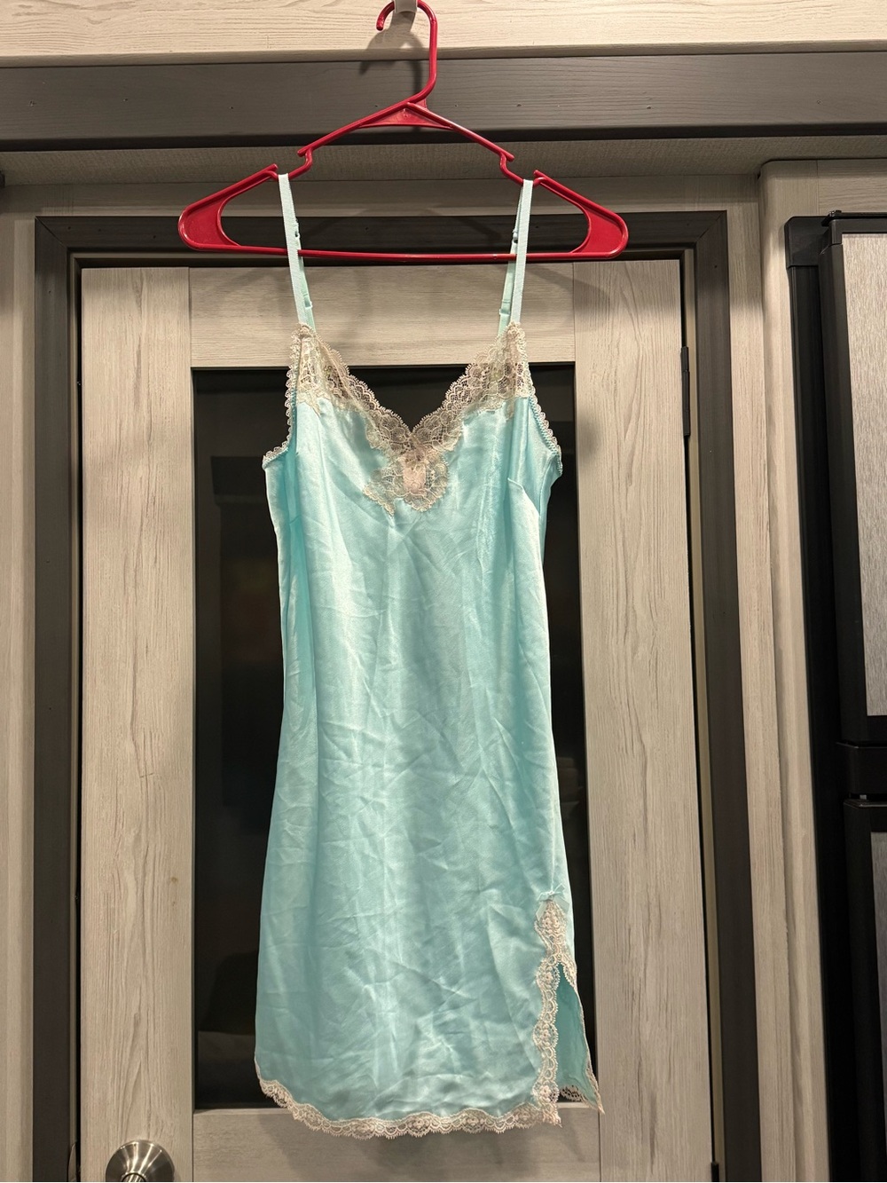 EUC!Vintage Victoria Secret Jeweled Light Blue Satin Slip with Cream Lace Trim